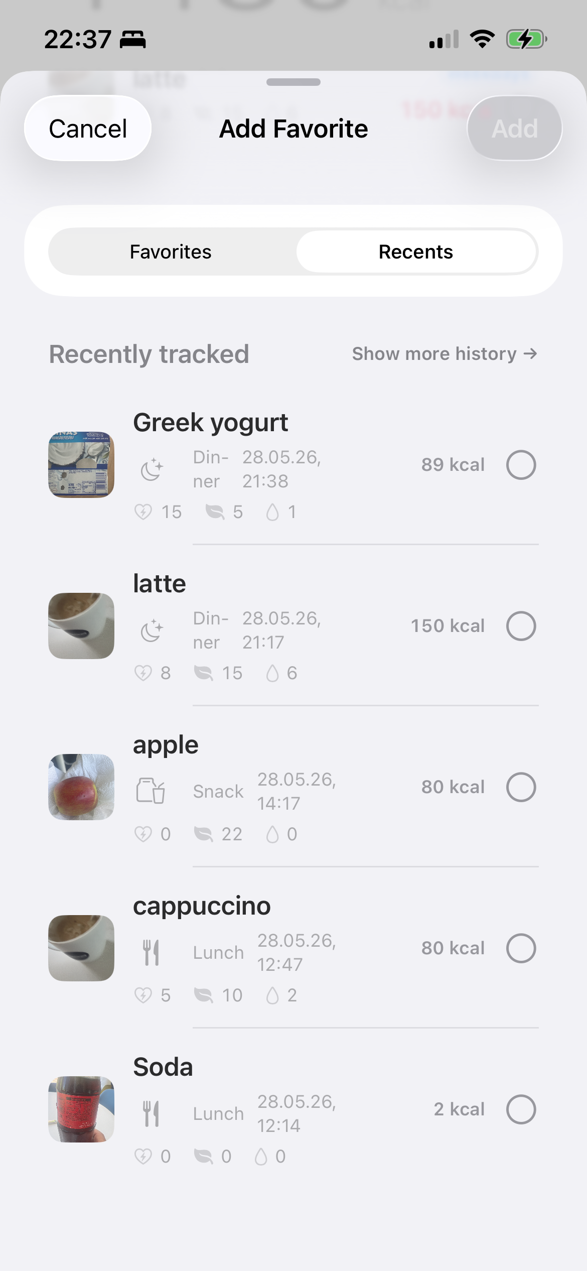 CalTrack recent foods