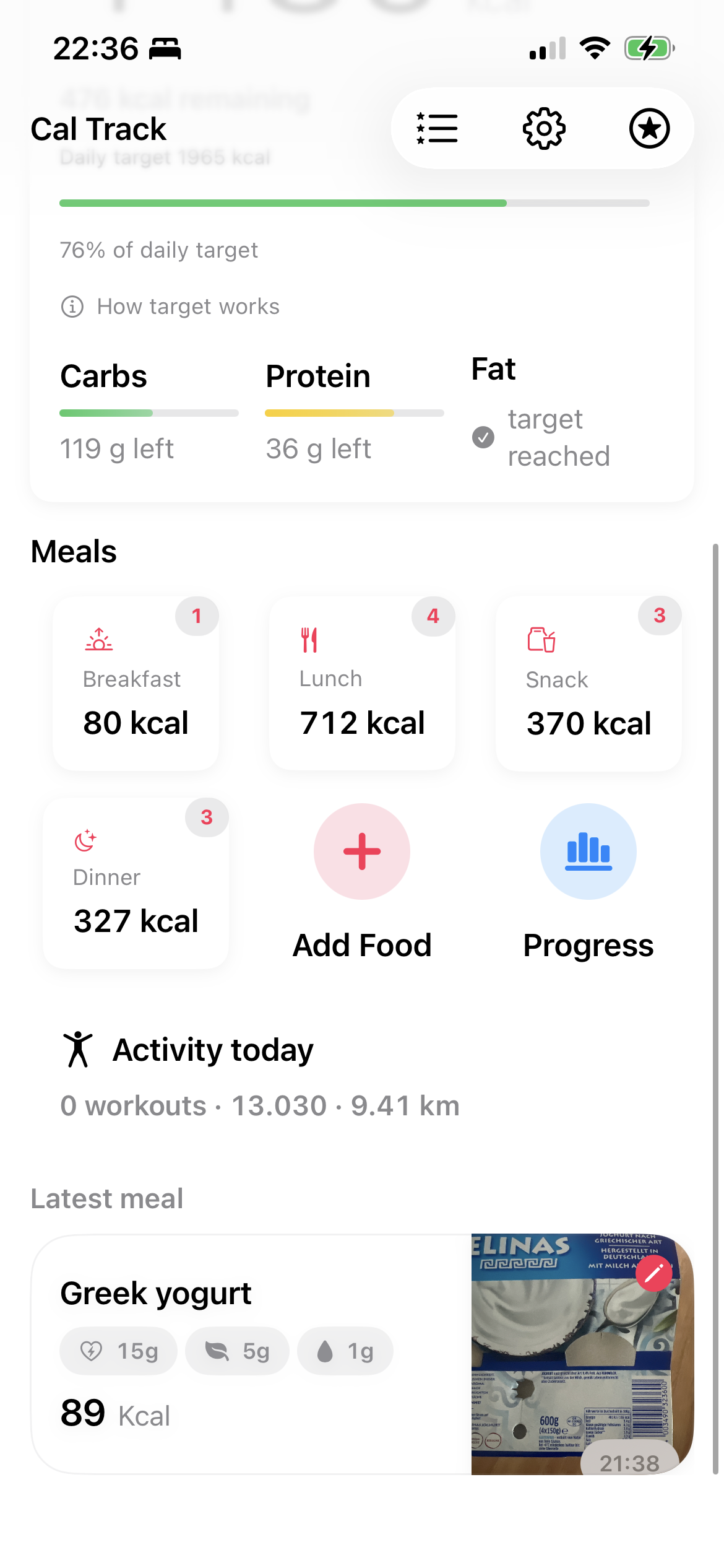 CalTrack meal cards